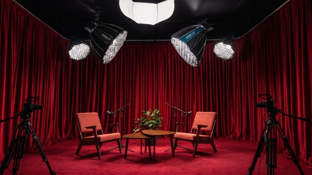Studio with red curtains